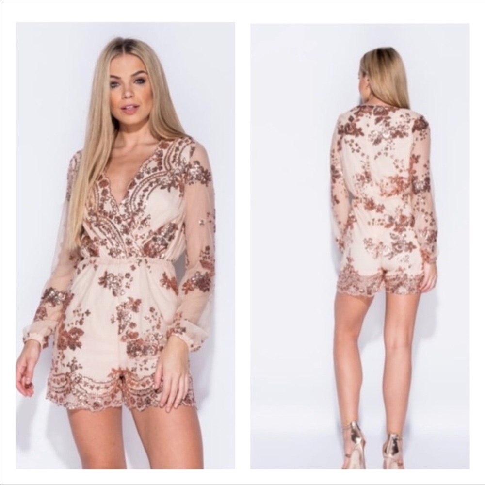 Nude Sequin Long Sleeve Romper - Picture 2 of 4